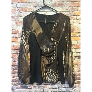 Brown Kay Celine Nylon Long Sleeve Faux Wrap Top Blouse Shirt Women’s Size Large